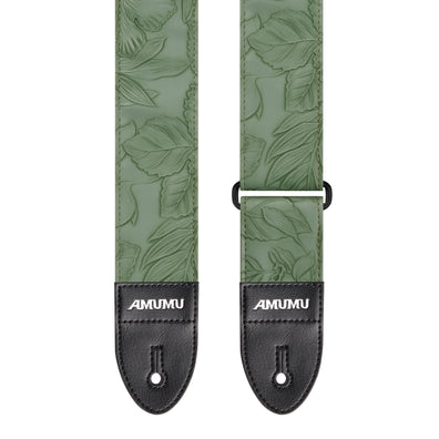 AMUMU Embossed Leaf Green Guitar Strap β Light Green Vegan Leather with Double-Layer Vegan Leather Ends VG01EB-LG-V